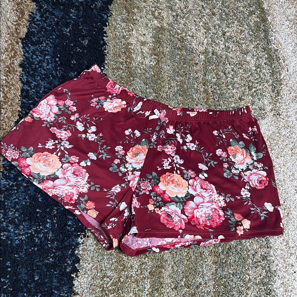 Flora by Flora Nikrooz Pajama Lounge Shorts Red w/Roses Pink & Orange Hues NWOT